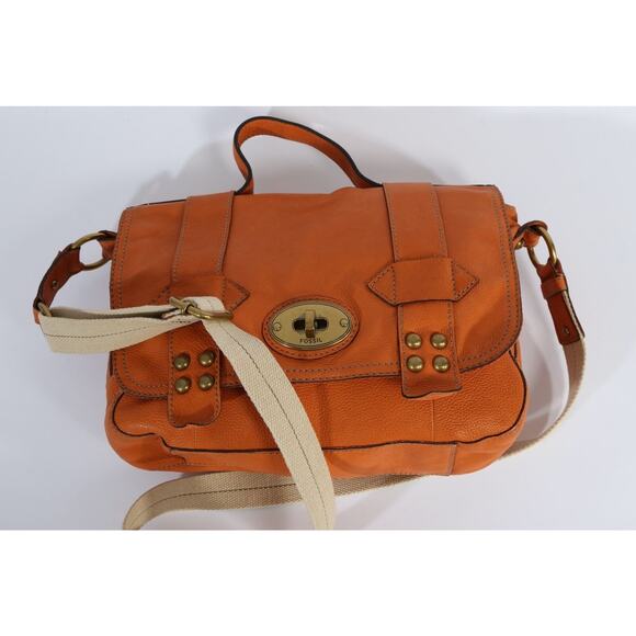 FOSSIL Orange Pebbled Leather Push Lock Flap Shoulder Bag - Picture 9 of 10